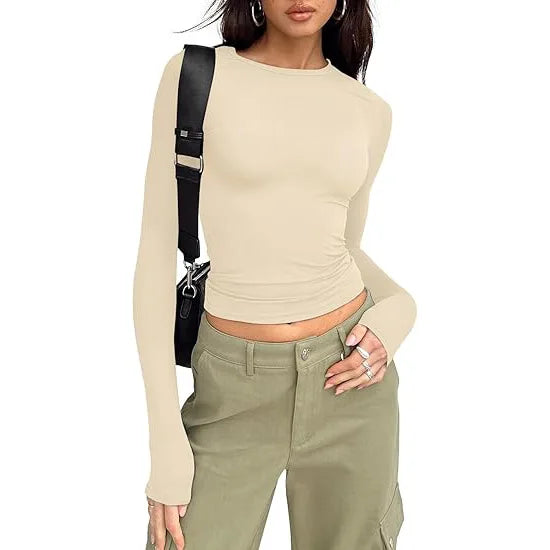 T-shirt pour femme, manches longues, col rond, coupe ajustée