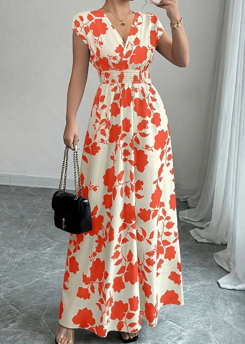 Robe d'été pour femme, col V, manches courtes, taille haute - idéale pour les vacances.