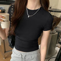 T-shirt court basique uni à manches courtes et col rond pour femme