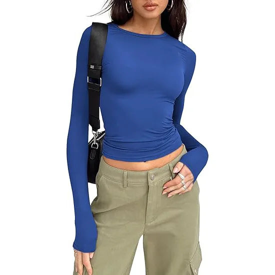 T-shirt pour femme, manches longues, col rond, coupe ajustée
