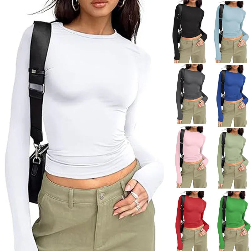 T-shirt pour femme, manches longues, col rond, coupe ajustée