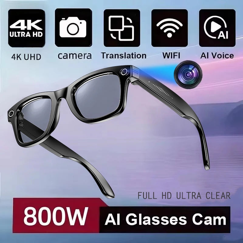 Lunettes intelligentes avec caméra IA 800 W, étanches pour homme , changement de couleur, traduction intelligente, enregistrement photo et vidéo, appels intelligents.