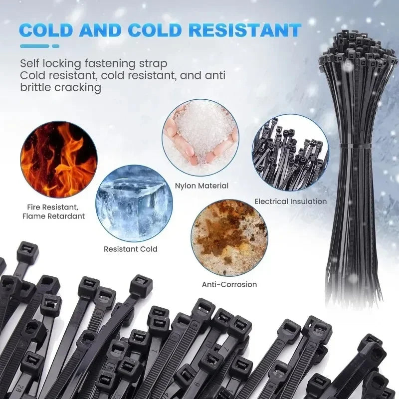 Lot d'attaches de câble en nylon autobloquantes, sangles réglables, pinces de fixation en plastique résistantes à la chaleur.
