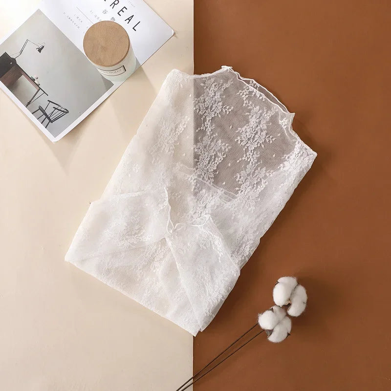 Nouvelle chemise en dentelle florale pour femme, manches longues, col montant