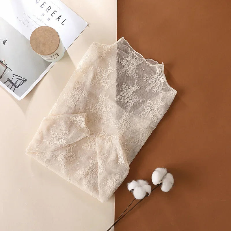 Nouvelle chemise en dentelle florale pour femme, manches longues, col montant