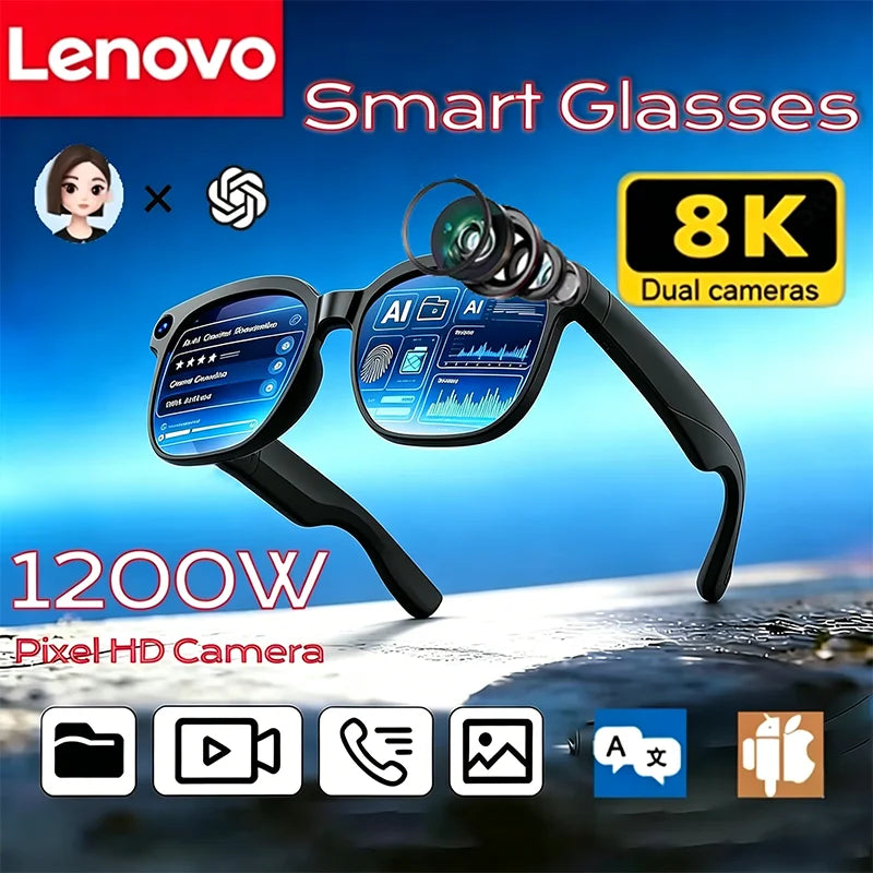 Lunettes intelligentes Lenovo avec caméra 8K, Contrôle tactile, enregistrement photo, traduction, assistant vocal, musique et Bluetooth sans fil.