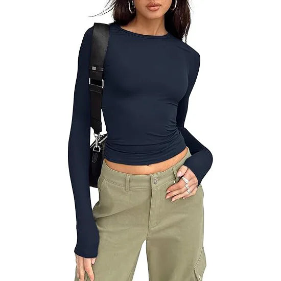 T-shirt pour femme, manches longues, col rond, coupe ajustée