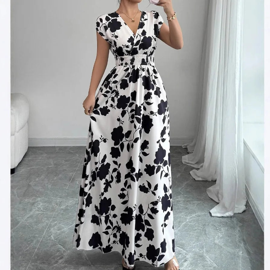 Robe d'été pour femme, col V, manches courtes, taille haute - idéale pour les vacances.