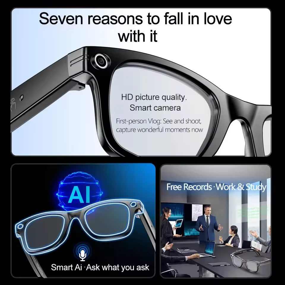 Lunettes intelligentes avec caméra IA 800 W, étanches pour homme , changement de couleur, traduction intelligente, enregistrement photo et vidéo, appels intelligents.