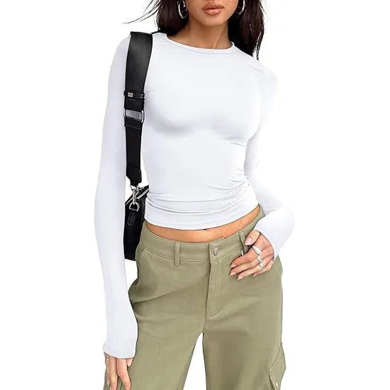 T-shirt pour femme, manches longues, col rond, coupe ajustée