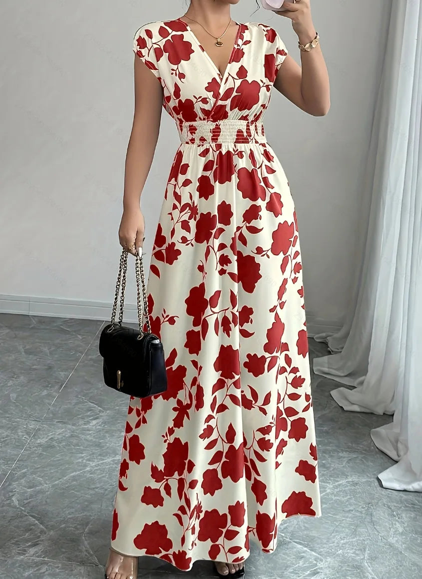 Robe d'été pour femme, col V, manches courtes, taille haute - idéale pour les vacances.