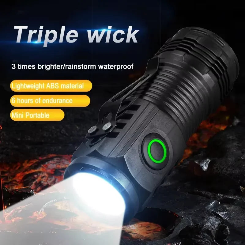 Mini lampe torche LED portable 3 LED ultra puissante, rechargeable par USB, batterie intégrée et clip stylo