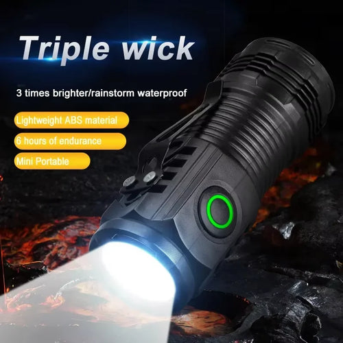 Mini lampe torche LED portable 3 LED ultra puissante, rechargeable par USB, batterie intégrée et clip stylo