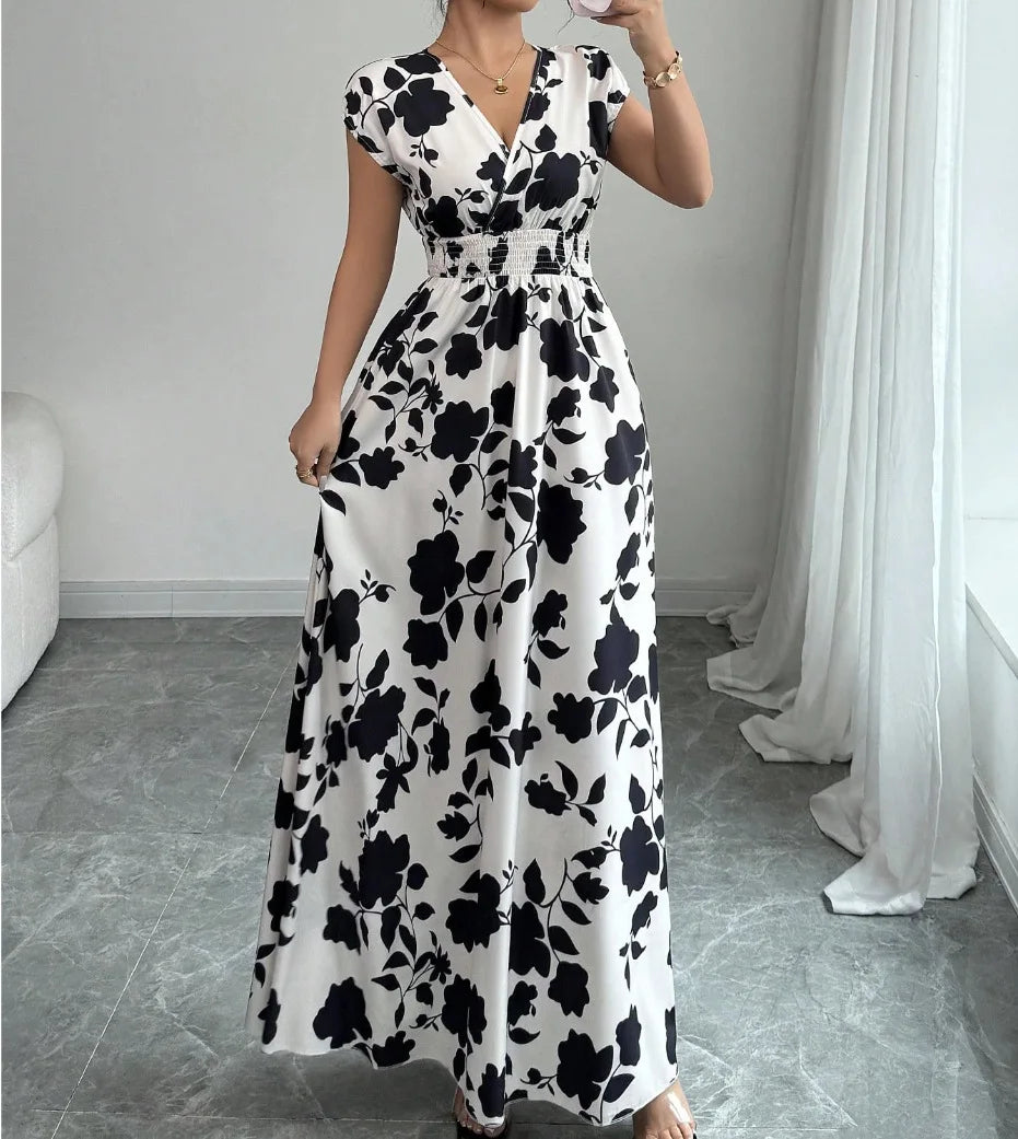 Robe d'été pour femme, col V, manches courtes, taille haute - idéale pour les vacances.