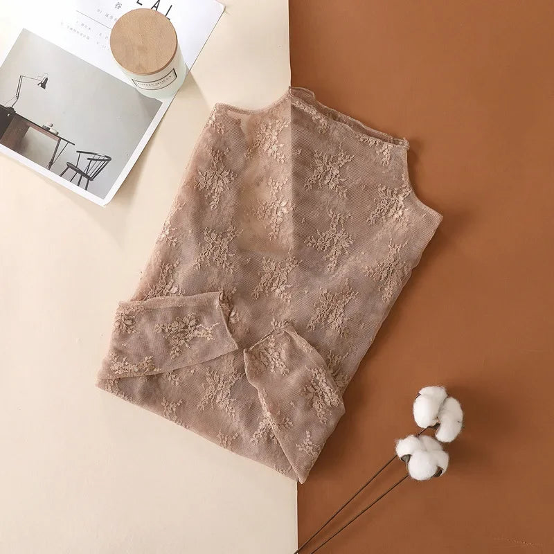 Nouvelle chemise en dentelle florale pour femme, manches longues, col montant
