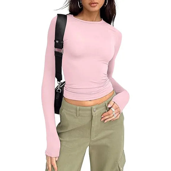 T-shirt pour femme, manches longues, col rond, coupe ajustée
