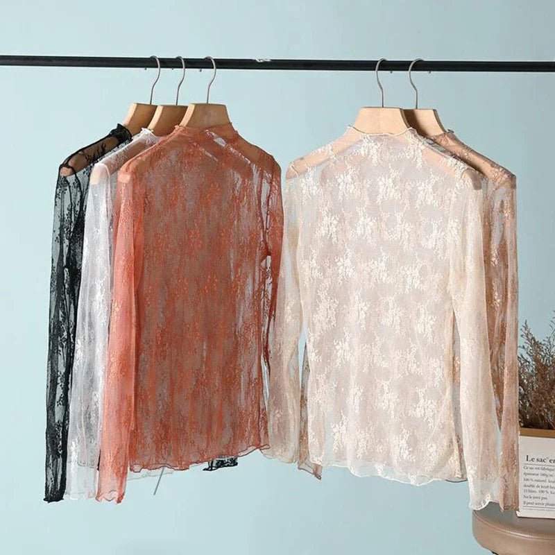Nouvelle chemise en dentelle florale pour femme, manches longues, col montant