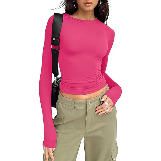 T-shirt pour femme, manches longues, col rond, coupe ajustée