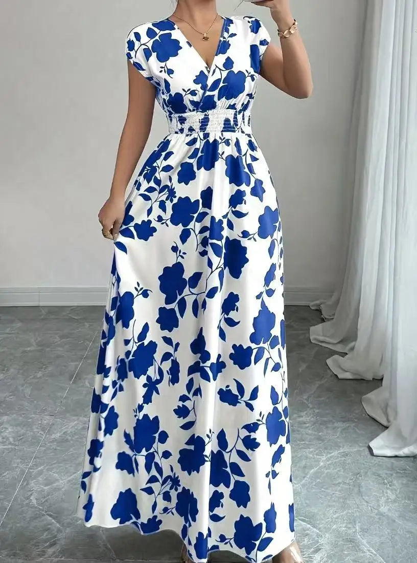 Robe d'été pour femme, col V, manches courtes, taille haute - idéale pour les vacances.