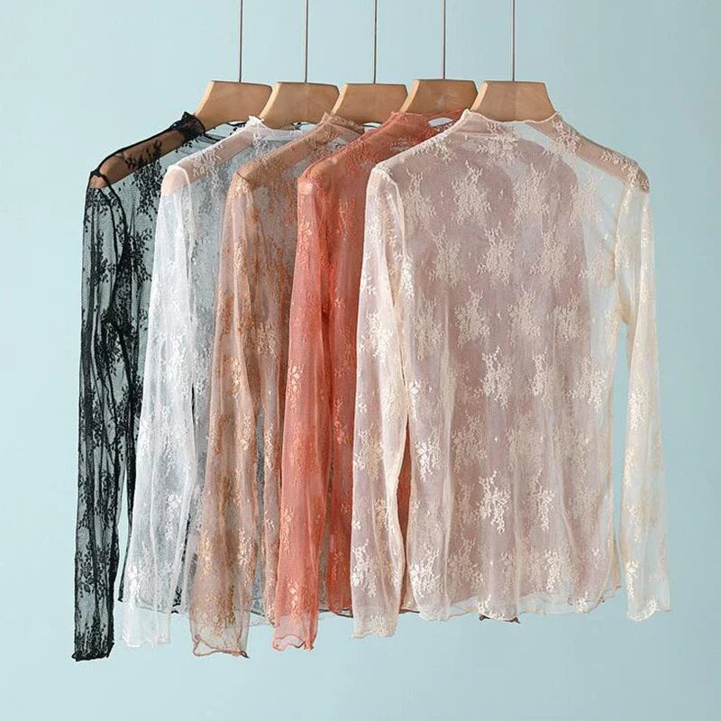 Nouvelle chemise en dentelle florale pour femme, manches longues, col montant