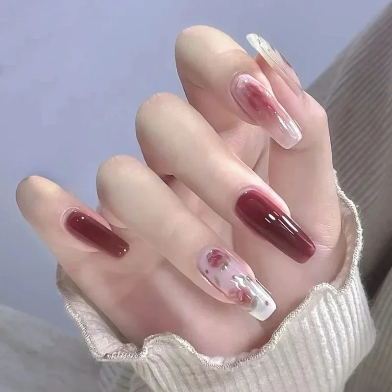 Lot de 24 faux ongles Sweet Love avec dégradé, réutilisables, courts et couvrants, pour femmes