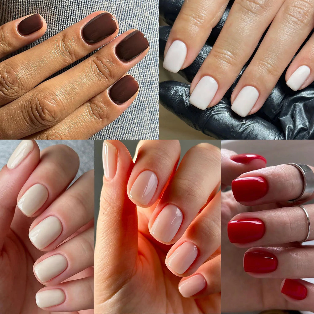 Faux ongles courts carrés classiques et unis, à coller, détachables et faciles à poser.