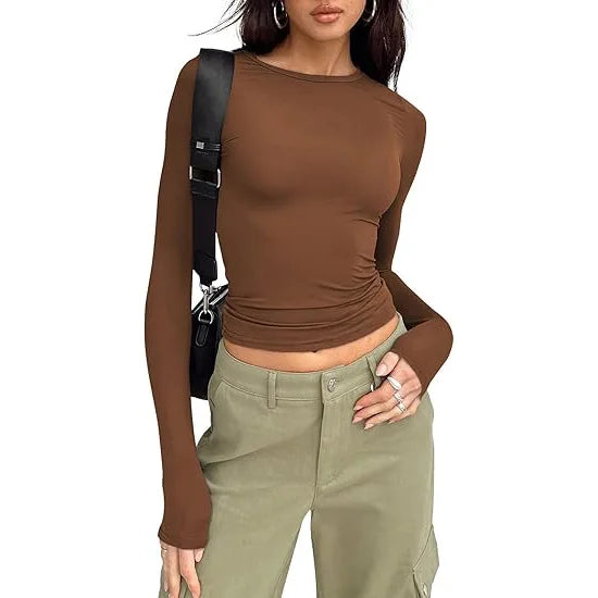 T-shirt pour femme, manches longues, col rond, coupe ajustée