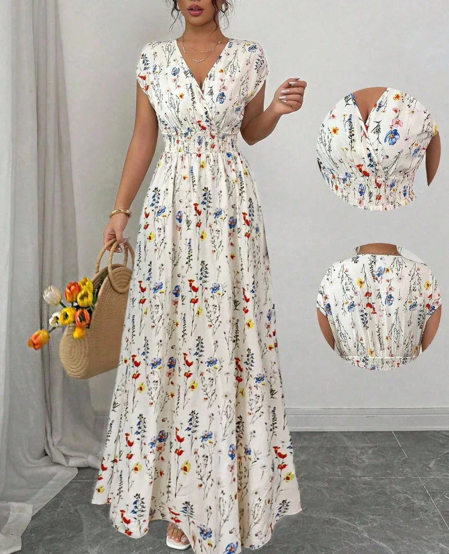 Robe d'été pour femme, col V, manches courtes, taille haute - idéale pour les vacances.