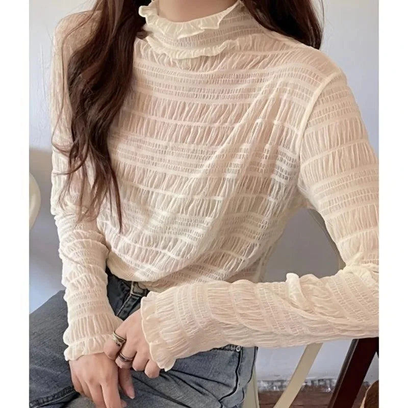 Nouvelle chemise en dentelle florale pour femme, manches longues, col montant