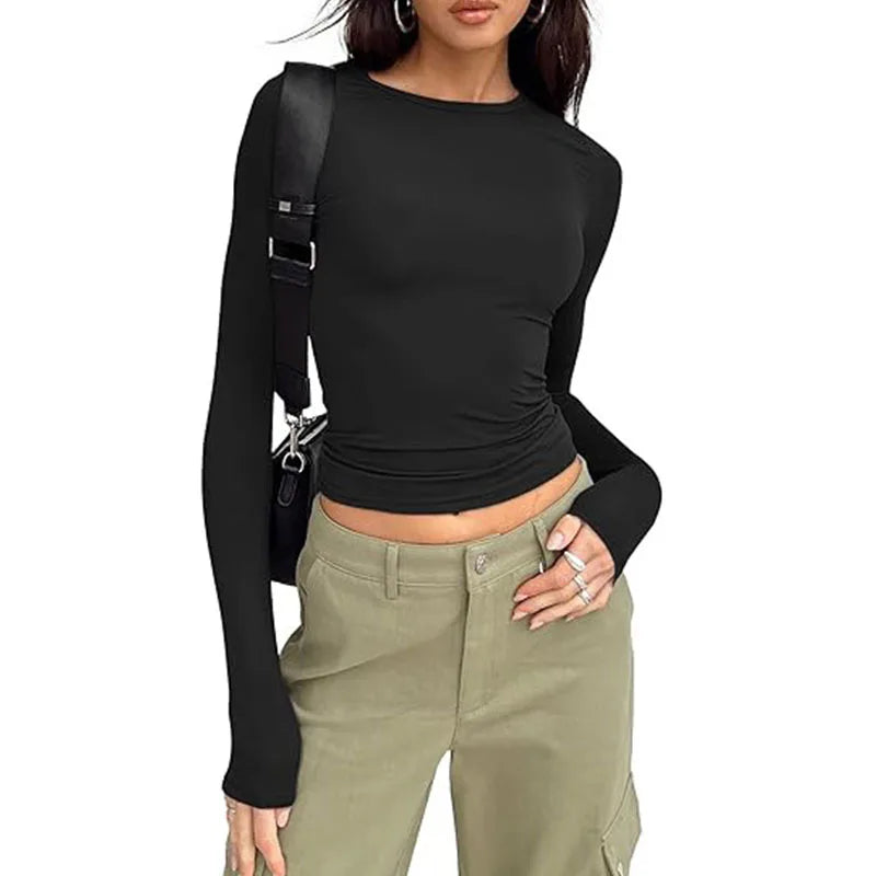 T-shirt pour femme, manches longues, col rond, coupe ajustée