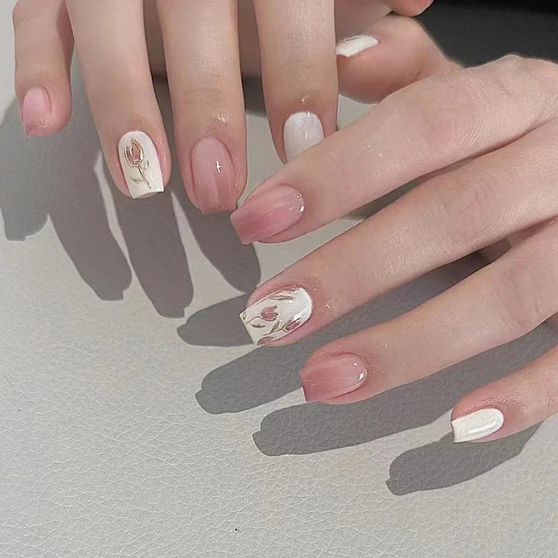 Lot de 24 faux ongles Sweet Love avec dégradé, réutilisables, courts et couvrants, pour femmes