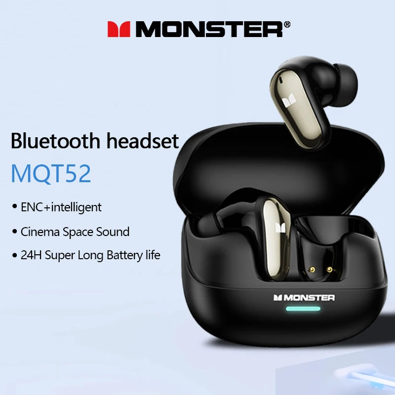 Écouteurs sans fil Monster MQT52 Bluetooth 5.4 : longue autonomie, son stéréo Hi-Fi, double mode et micro intégré.