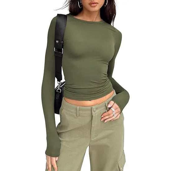 T-shirt pour femme, manches longues, col rond, coupe ajustée