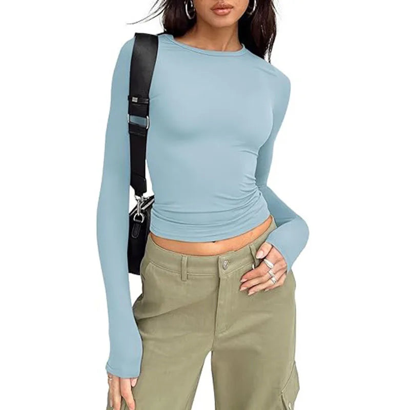 T-shirt pour femme, manches longues, col rond, coupe ajustée