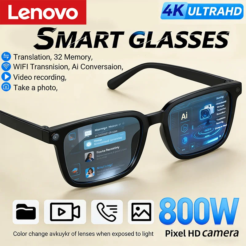 Lunettes intelligentes Lenovo AI : traduction IA, caméra HD 8 MP, prise de vue 4K, appels Bluetooth, enregistrement musical