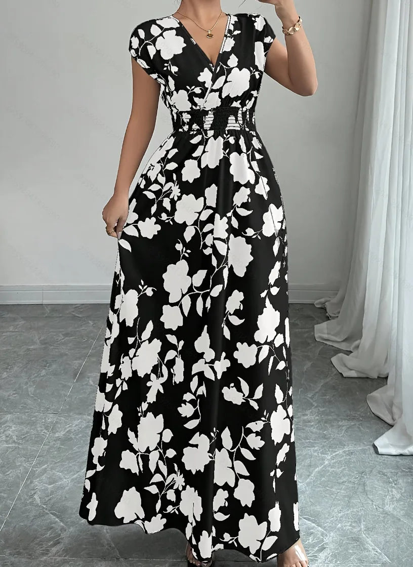 Robe d'été pour femme, col V, manches courtes, taille haute - idéale pour les vacances.