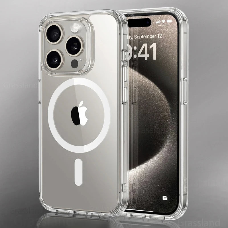Étui de luxe à chargement magnétique sans fil  pour iPhone - Coque arrière transparente