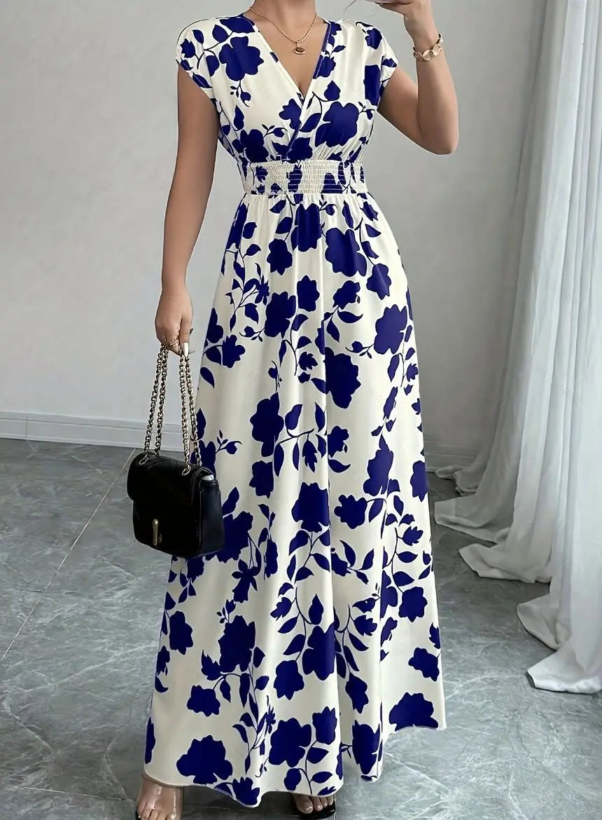 Robe d'été pour femme, col V, manches courtes, taille haute - idéale pour les vacances.