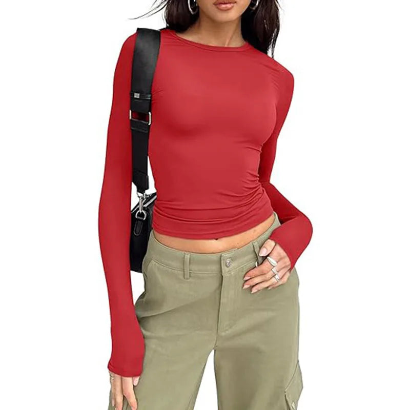T-shirt pour femme, manches longues, col rond, coupe ajustée