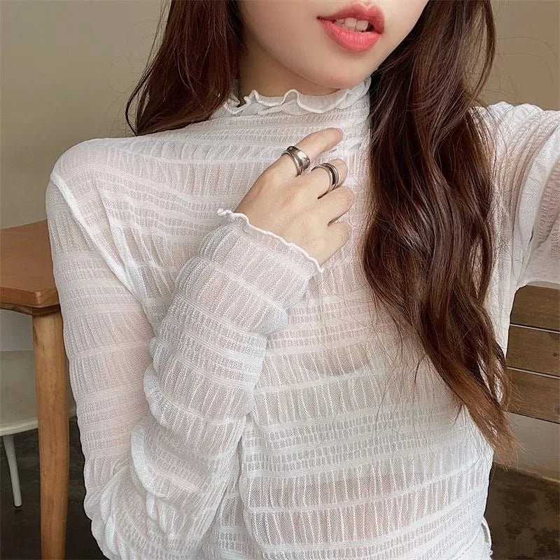 Nouvelle chemise en dentelle florale pour femme, manches longues, col montant