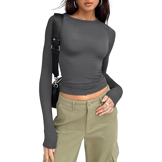 T-shirt pour femme, manches longues, col rond, coupe ajustée
