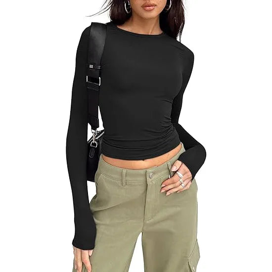 T-shirt pour femme, manches longues, col rond, coupe ajustée