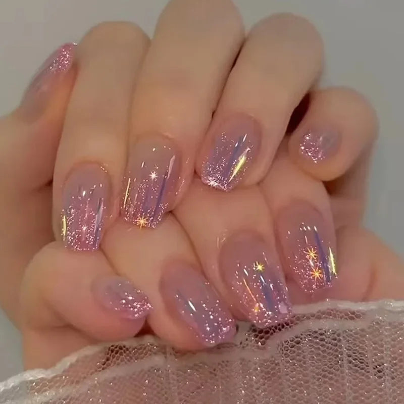Lot de 24 faux ongles Sweet Love avec dégradé, réutilisables, courts et couvrants, pour femmes