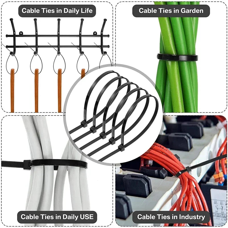 Lot d'attaches de câble en nylon autobloquantes, sangles réglables, pinces de fixation en plastique résistantes à la chaleur.