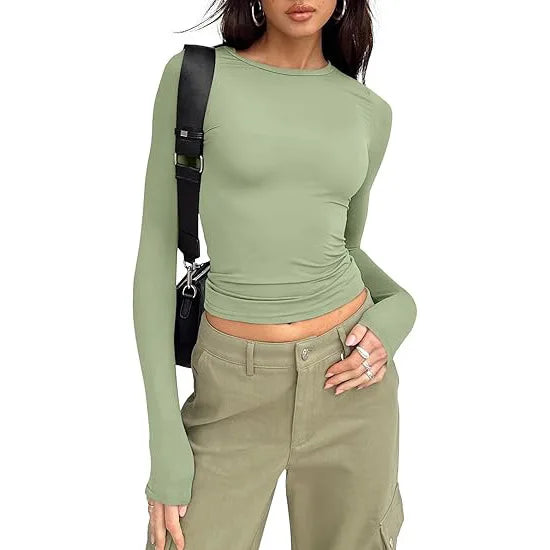 T-shirt pour femme, manches longues, col rond, coupe ajustée