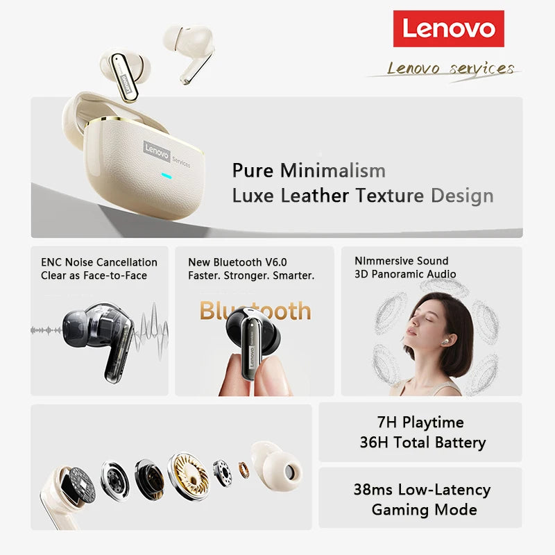 Écouteurs sans fil Lenovo LE208 TWS Bluetooth 6.0 en cuir, stéréo, réduction de bruit ENC, faible latence (38 ms), casque gaming