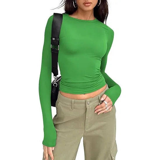 T-shirt pour femme, manches longues, col rond, coupe ajustée