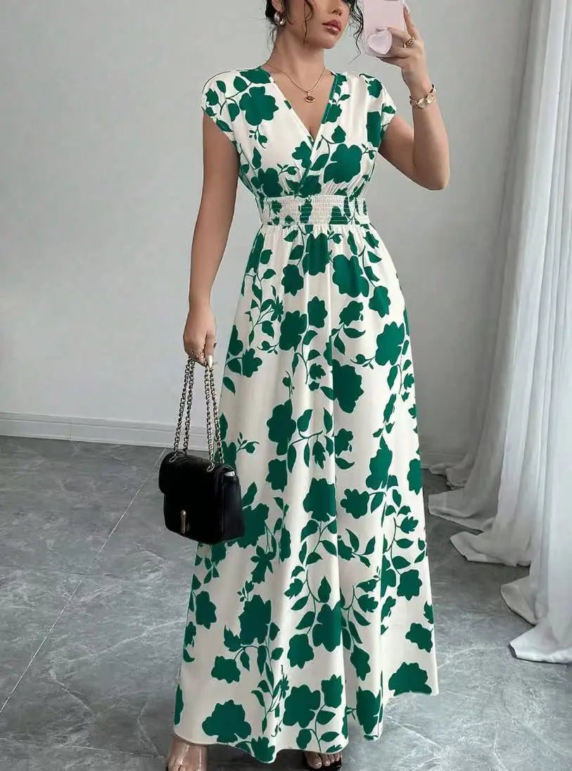Robe d'été pour femme, col V, manches courtes, taille haute - idéale pour les vacances.