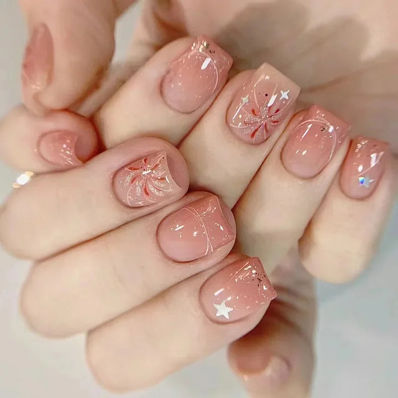 Lot de 24 faux ongles Sweet Love avec dégradé, réutilisables, courts et couvrants, pour femmes