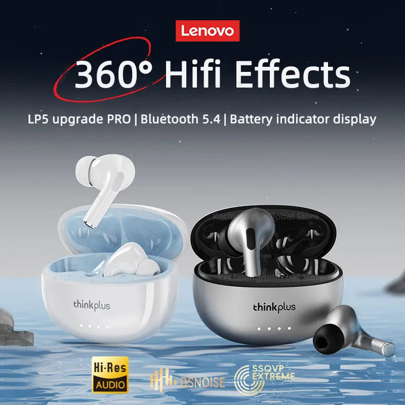 Écouteurs sans fil Lenovo LP5 PRO Bluetooth 5.4 TWS, son HiFi, idéaux pour le jeu et le sport, avec longue autonomie, commandes tactiles.